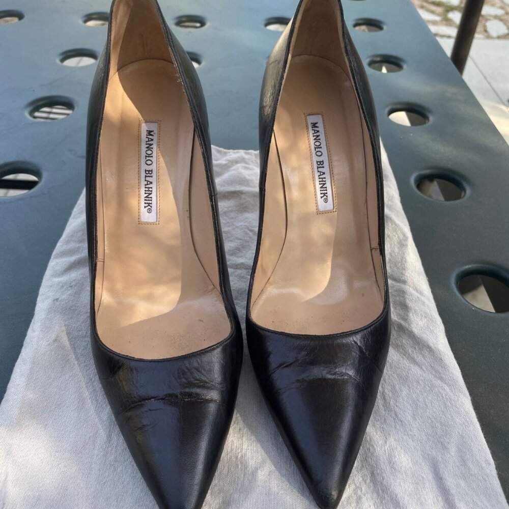 Manolo Blahnik Pumps Black Leather Calf BB Heels Shoes - Picture 2 of 6